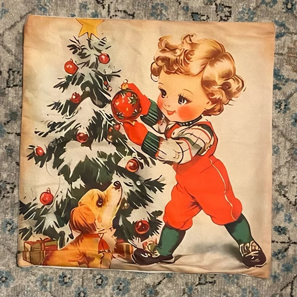 Four 17x17 Retro Style Christmas Pillow Covers w/Zipper Closure- Child Featured